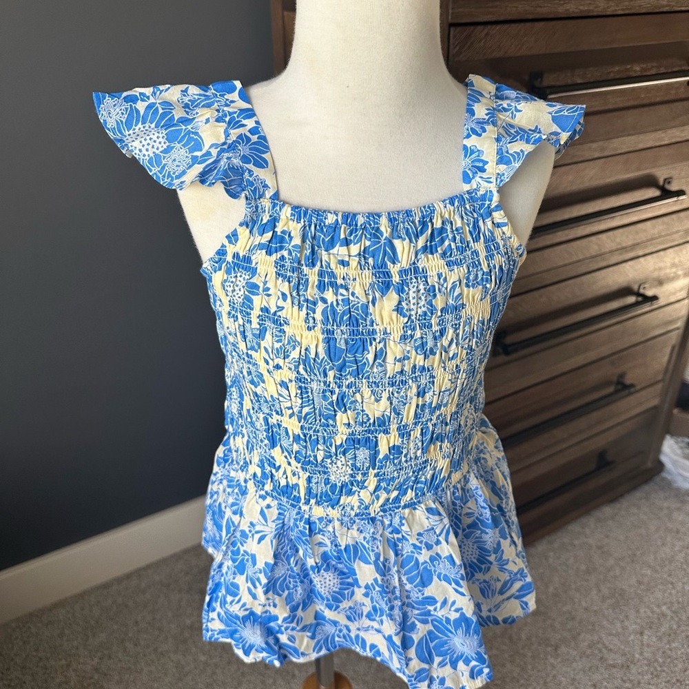 NWOT Girls Youth XL(14) Floral Blue and Yellow Top
